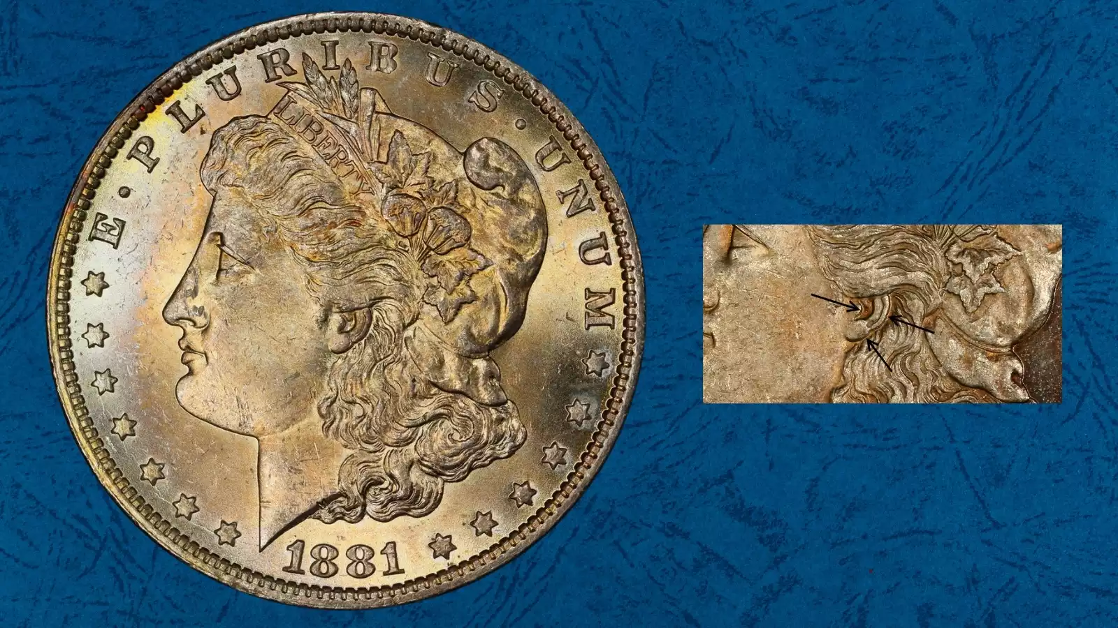 Side-by-side comparison of standard 1881-O Morgan dollar ear versus VAM-27 Double Ear variety showing doubled right ear lobe
