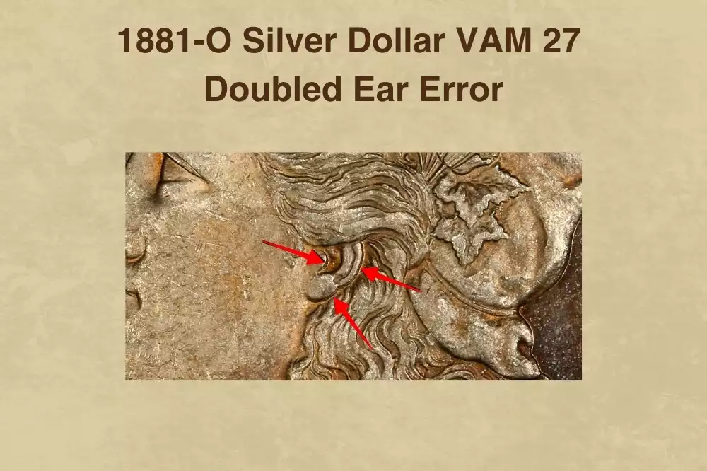 Close-up of 1881-O VAM-27 Double Ear showing doubled Liberty ear on obverse