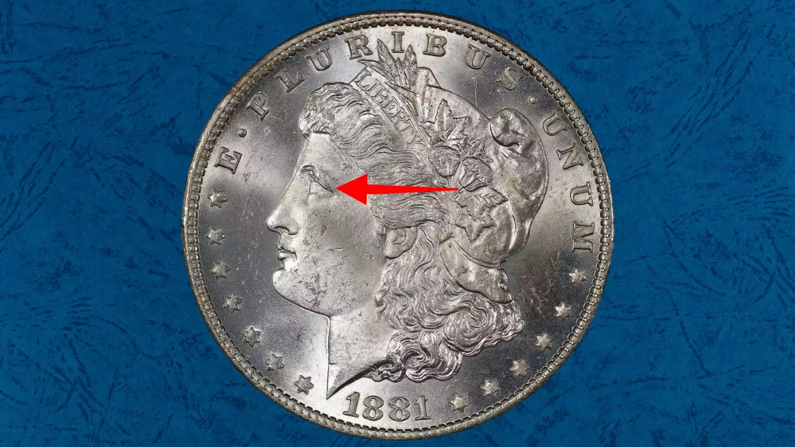 Close-up of 1881-O Pummeled Eye (Flaky Eye) variety showing roughened texture around Liberty's eye on obverse
