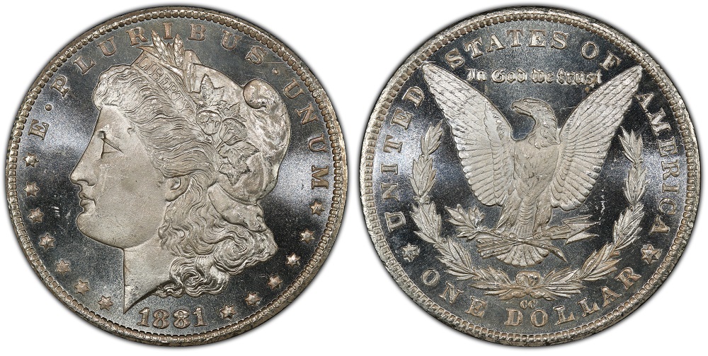 1881-CC Morgan Silver Dollar with Deep Mirror Prooflike surfaces showing cameo contrast between frosted Liberty and mirror fields