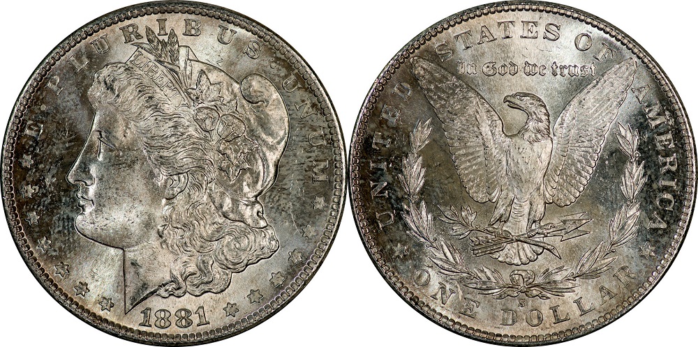 Close-up of Morgan dollar obverse showing raised reversed E die clash mark in Liberty's neck hollow