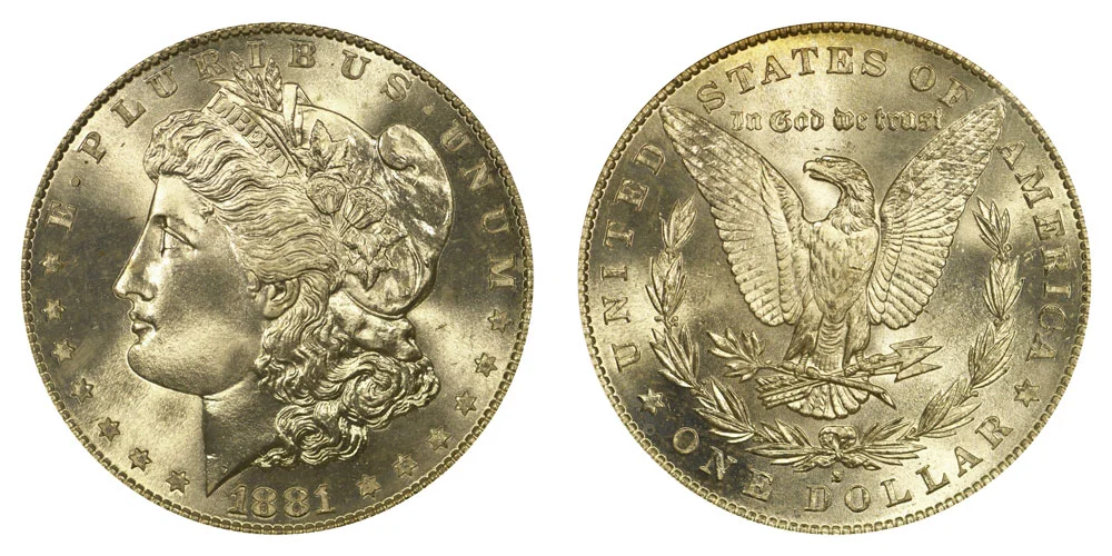 Grading strip showing 1881 Morgan dollar from heavily worn Good condition through Fine, Extremely Fine, and Mint State conditions